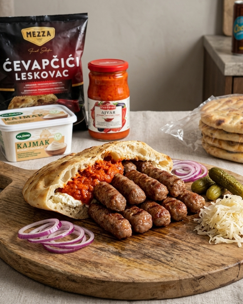 Authentieke Balkan Ćevapčići met somun, kajmak en ajvar